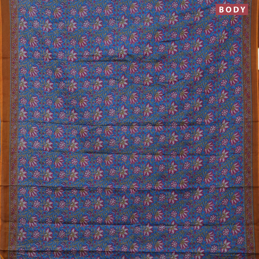 Muslin cotton saree cs blue and dark mustard with allover floral prints and printed border