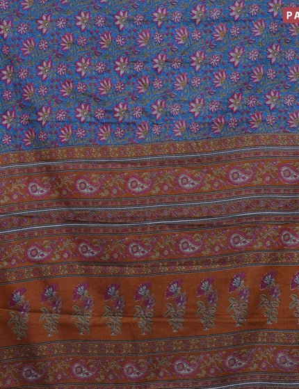 Muslin cotton saree cs blue and dark mustard with allover floral prints and printed border