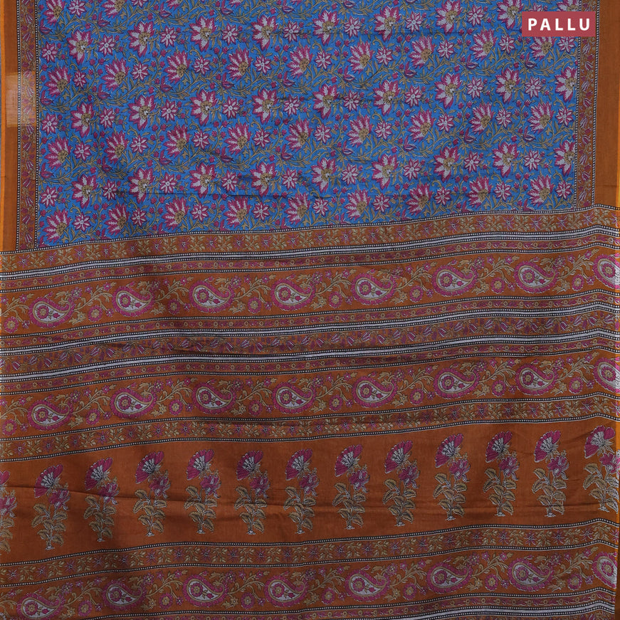 Muslin cotton saree cs blue and dark mustard with allover floral prints and printed border