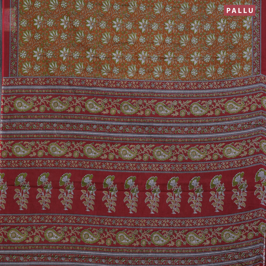 Muslin cotton saree dark mustard and maroon with allover floral prints and printed border