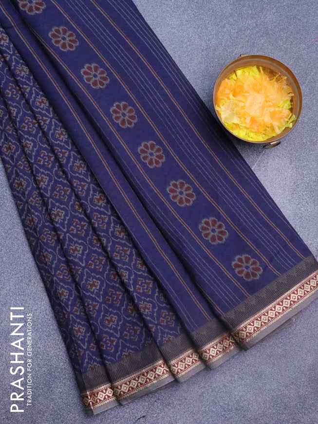 Muslin cotton saree navy blue and grey with allover ikkat prints and thread woven border