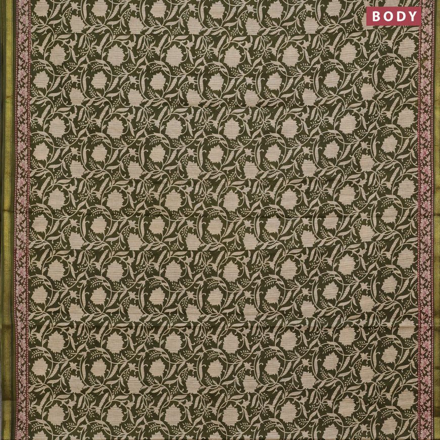 Muslin cotton saree sap green with allover floral prints and small zari woven border