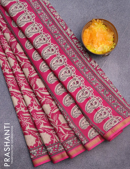 Muslin cotton saree pink with allover floral prints and small zari woven border