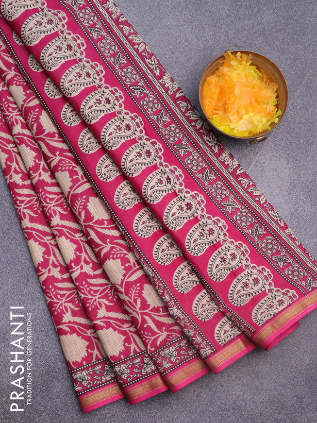 Muslin cotton saree pink with allover floral prints and small zari woven border