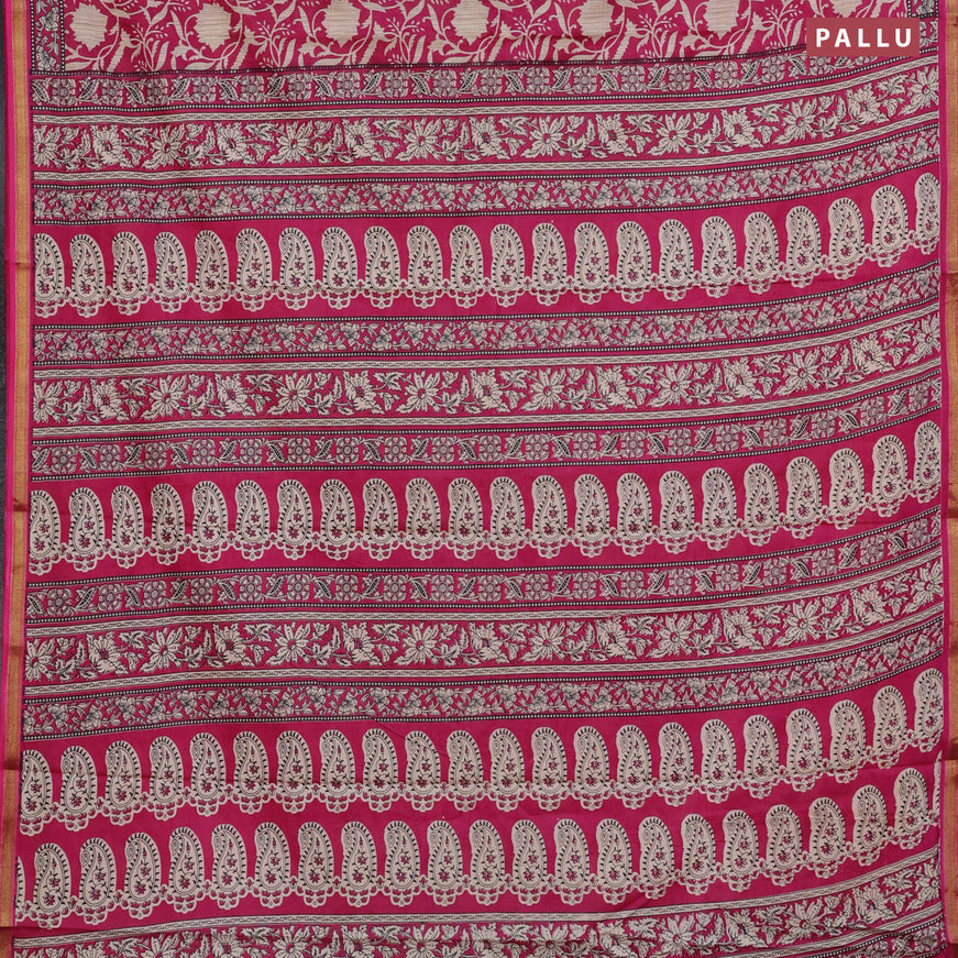 Muslin cotton saree pink with allover floral prints and small zari woven border