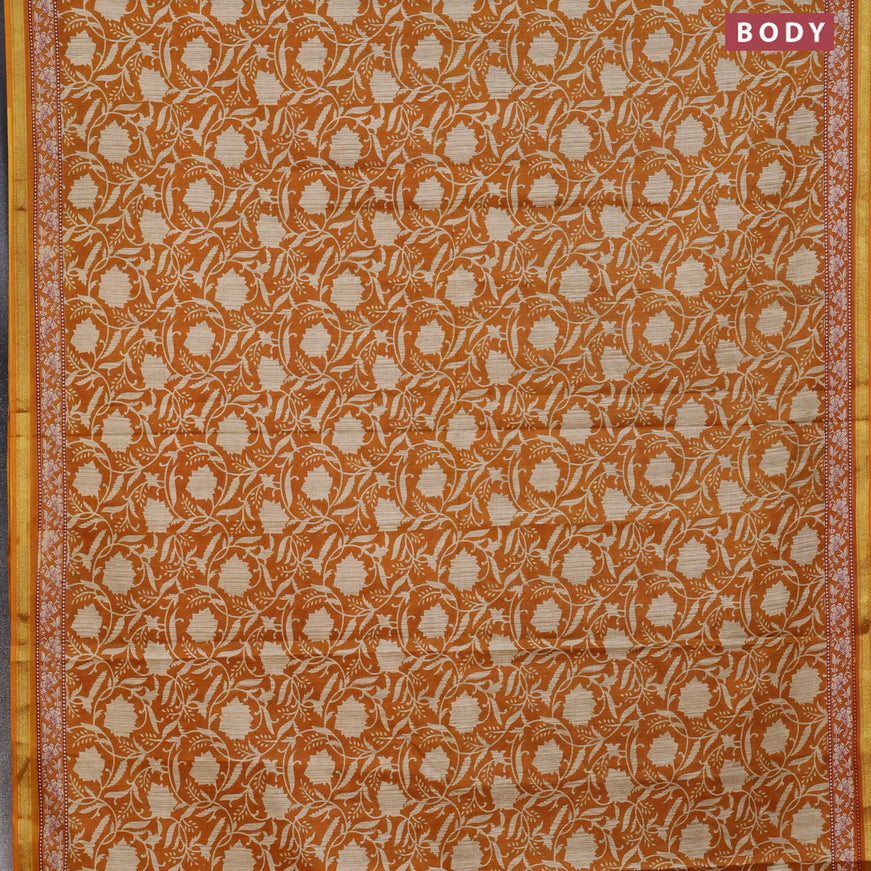 Muslin cotton saree dark mustard with allover floral prints and small zari woven border