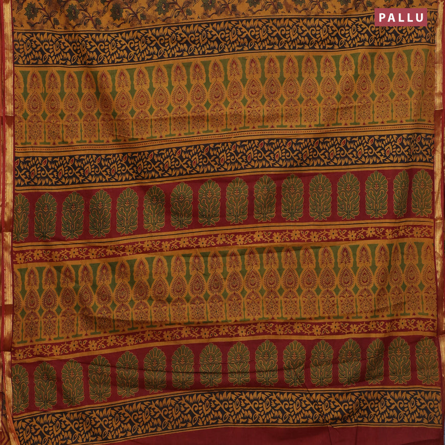 Muslin cotton saree dark mustard and maroon with allover floral prints and small zari woven border