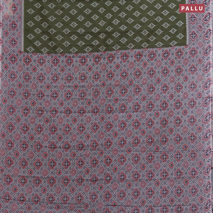 Muslin cotton saree sap green and grey with allover ikkat butta prints and ajrakh printed border