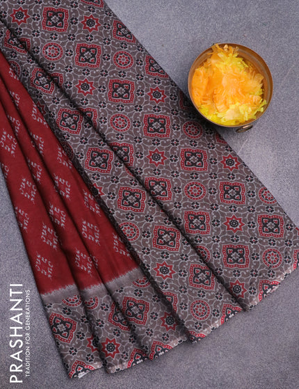 Muslin cotton saree maroon and grey with allover ikkat butta prints and ajrakh printed border