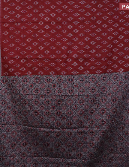 Muslin cotton saree maroon and grey with allover ikkat butta prints and ajrakh printed border