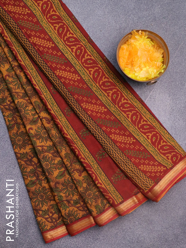 Muslin cotton saree dark mustard and maroon with allover floral prints and small zari woven border