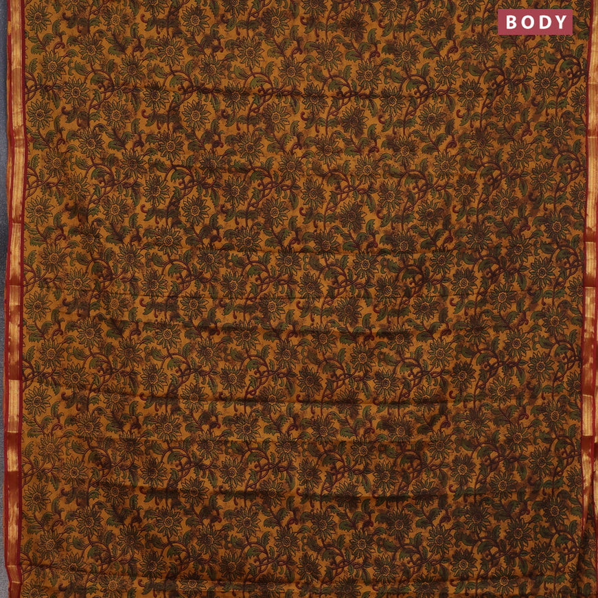 Muslin cotton saree dark mustard and maroon with allover floral prints and small zari woven border