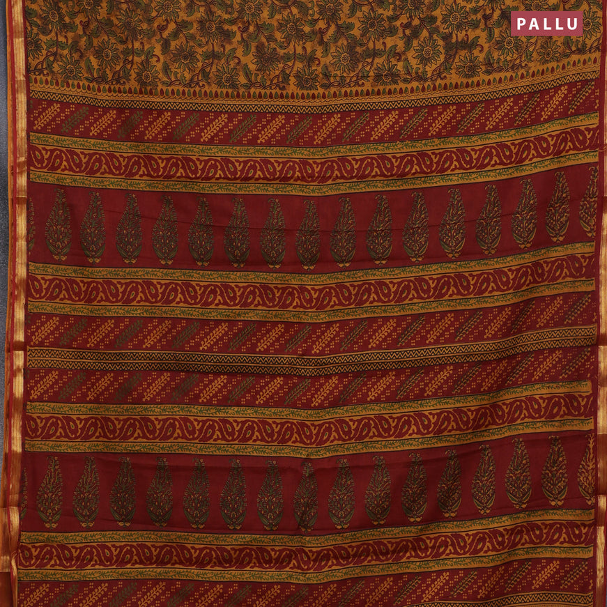 Muslin cotton saree dark mustard and maroon with allover floral prints and small zari woven border