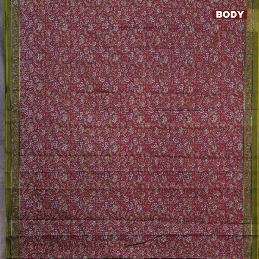 Muslin cotton saree magenta pink and mehendi green with allover floral prints and printed border