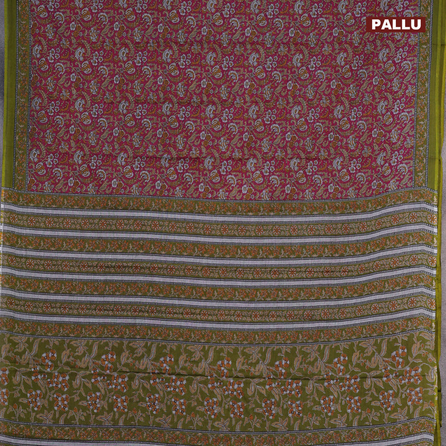 Muslin cotton saree magenta pink and mehendi green with allover floral prints and printed border