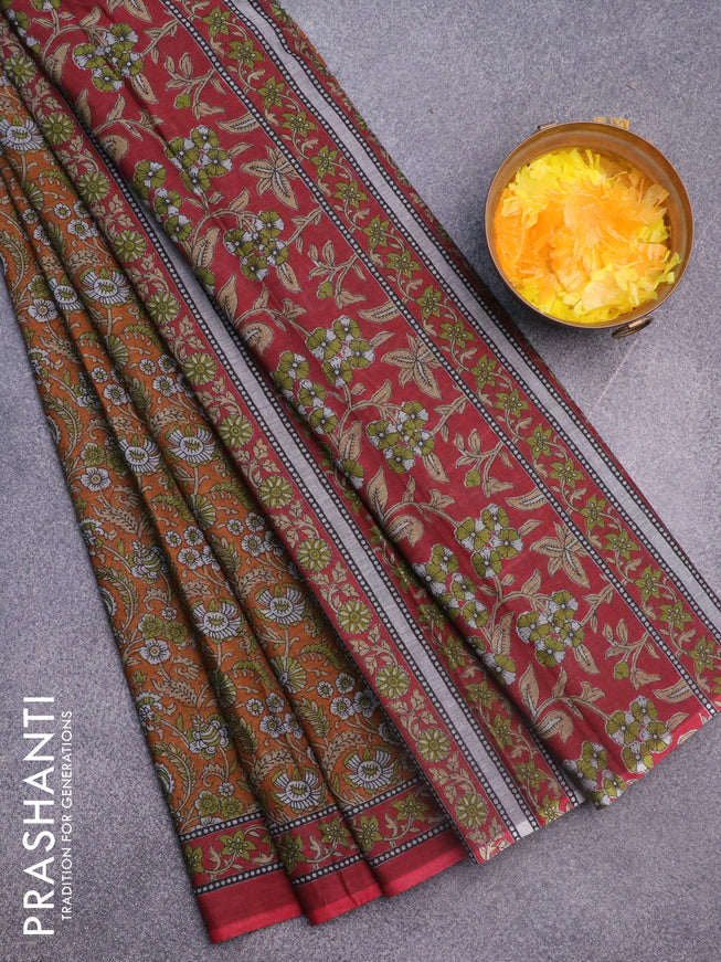 Muslin cotton saree dark mustard and maroon with allover floral prints and printed border