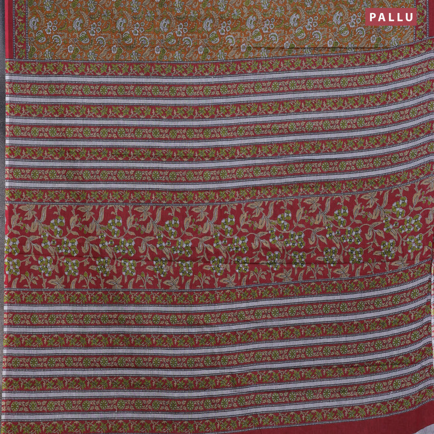 Muslin cotton saree dark mustard and maroon with allover floral prints and printed border