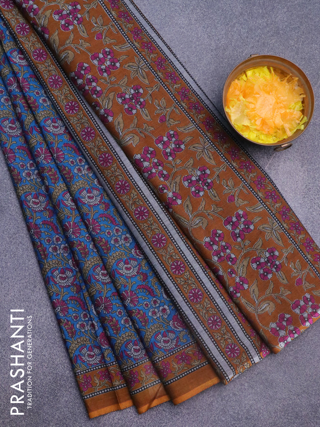 Muslin cotton saree cs blue and dark mustard with allover floral prints and printed border