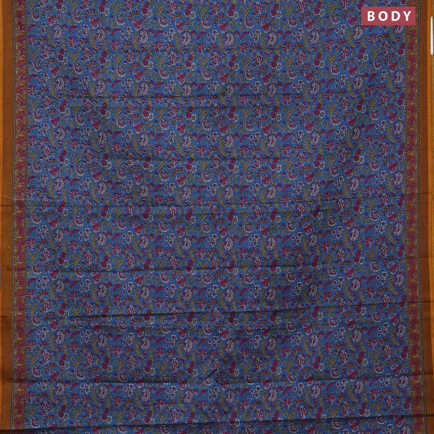 Muslin cotton saree cs blue and dark mustard with allover floral prints and printed border