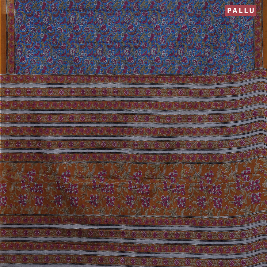 Muslin cotton saree cs blue and dark mustard with allover floral prints and printed border