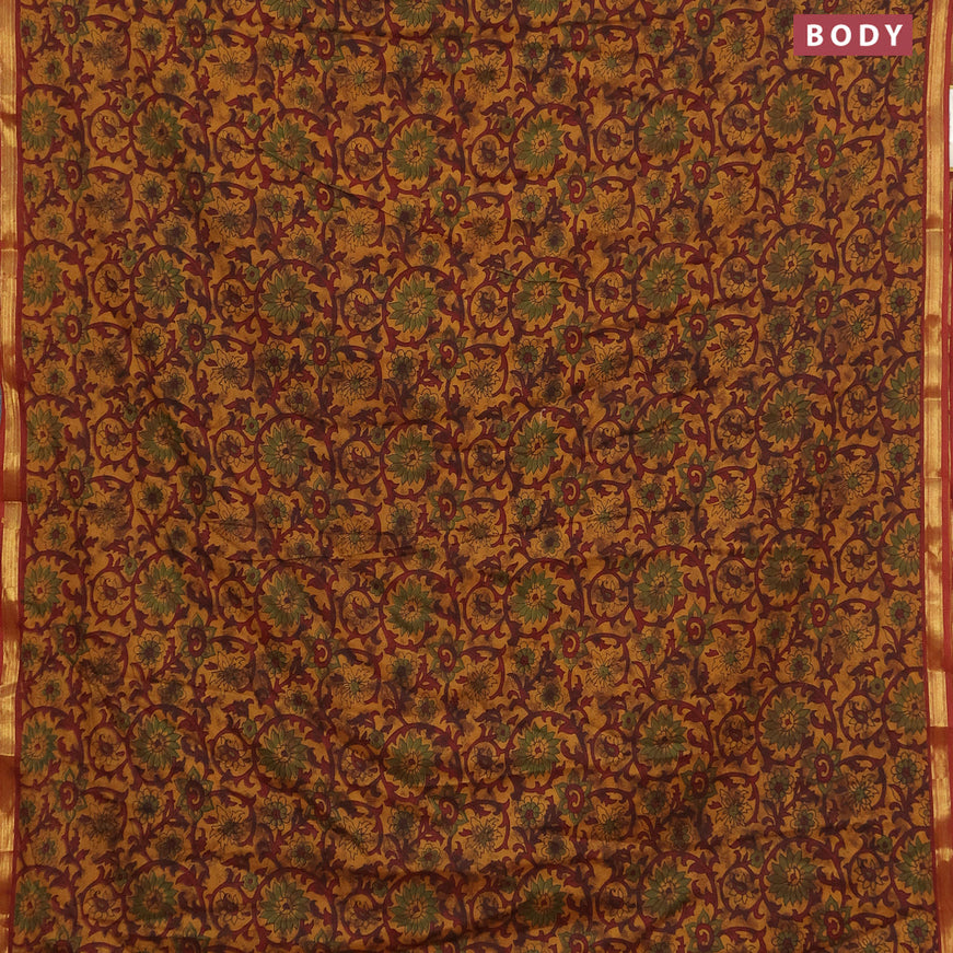 Muslin cotton saree dark mustard and maroon with allover floral prints and small zari woven border