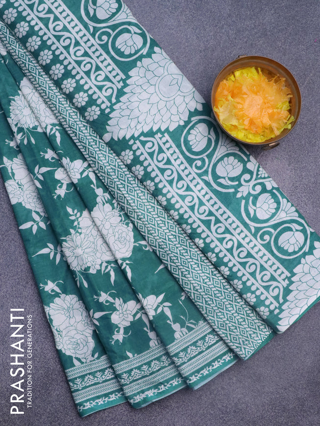 Muslin cotton saree teal blue and off white with allover floral prints and printed border