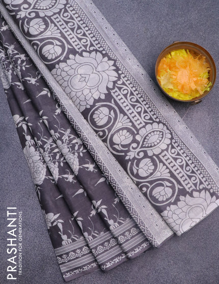 Muslin cotton saree grey and off white with allover floral prints and printed border