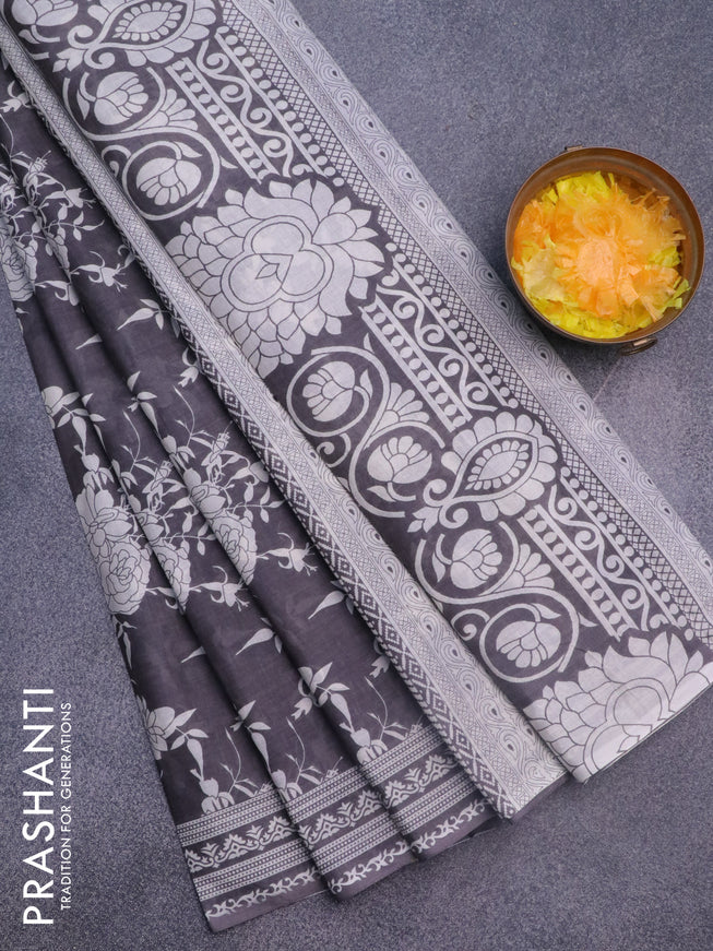 Muslin cotton saree grey and off white with allover floral prints and printed border