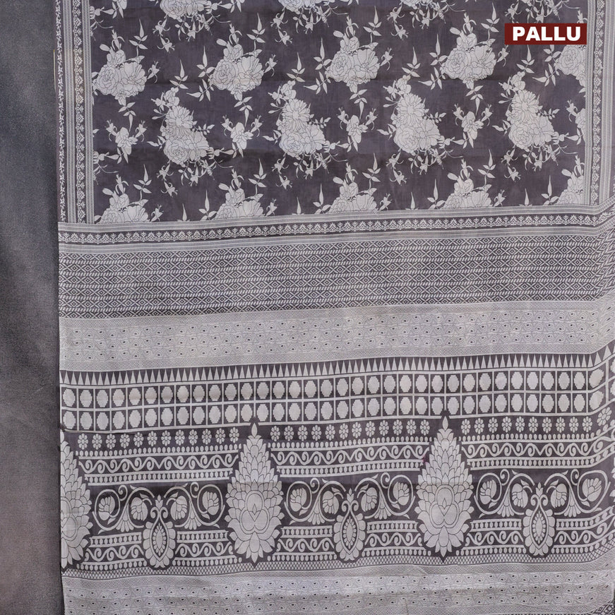 Muslin cotton saree grey and off white with allover floral prints and printed border