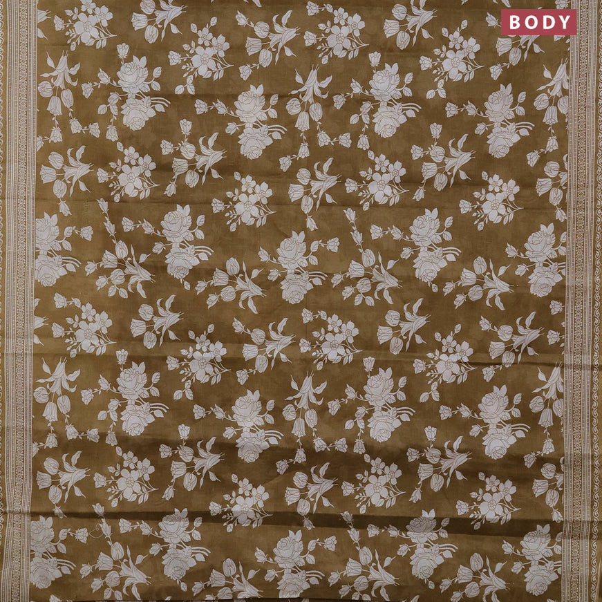 Muslin cotton saree khaki shade and off white with allover floral prints and printed border