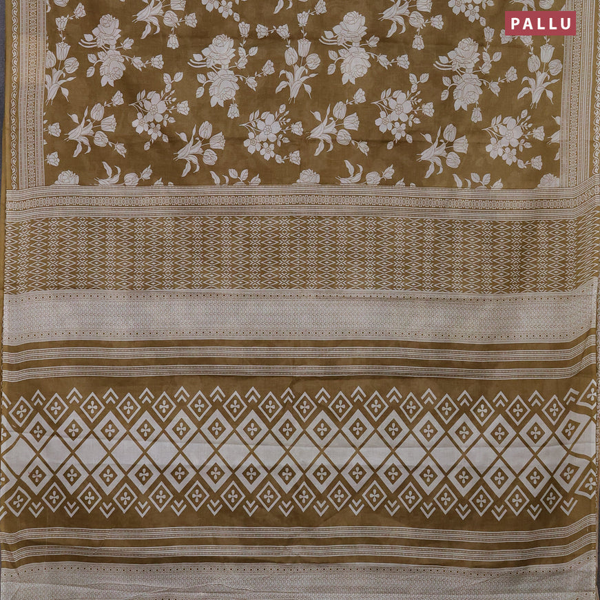 Muslin cotton saree khaki shade and off white with allover floral prints and printed border