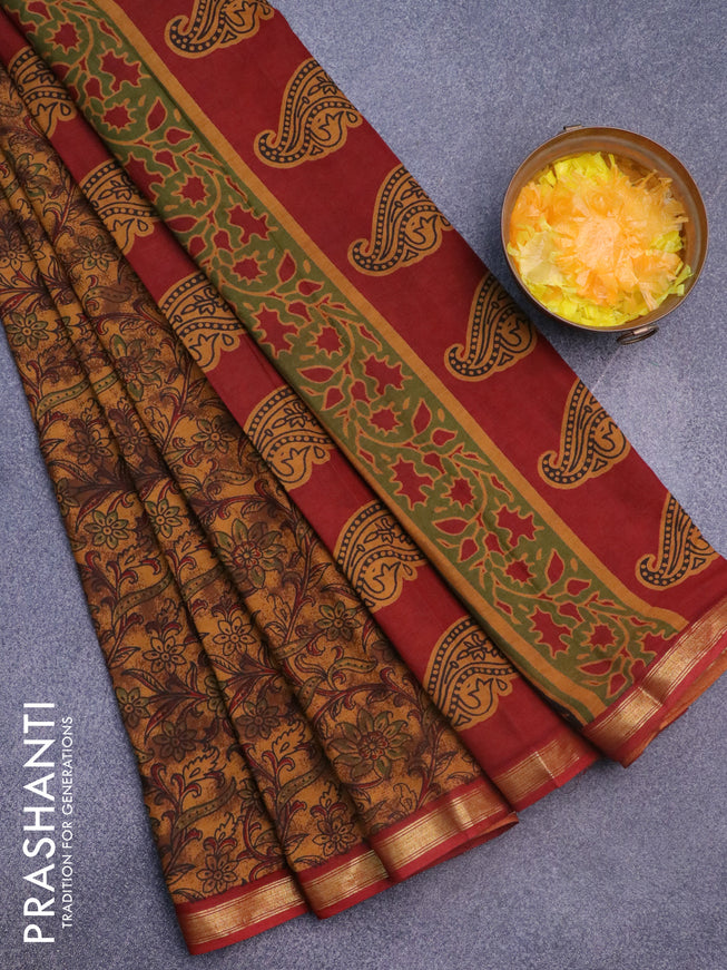 Muslin cotton saree dark mustard and maroon with allover floral prints and small zari woven border