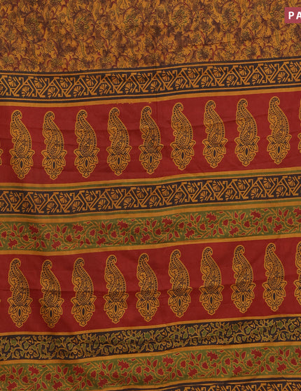 Muslin cotton saree dark mustard and maroon with allover floral prints and small zari woven border