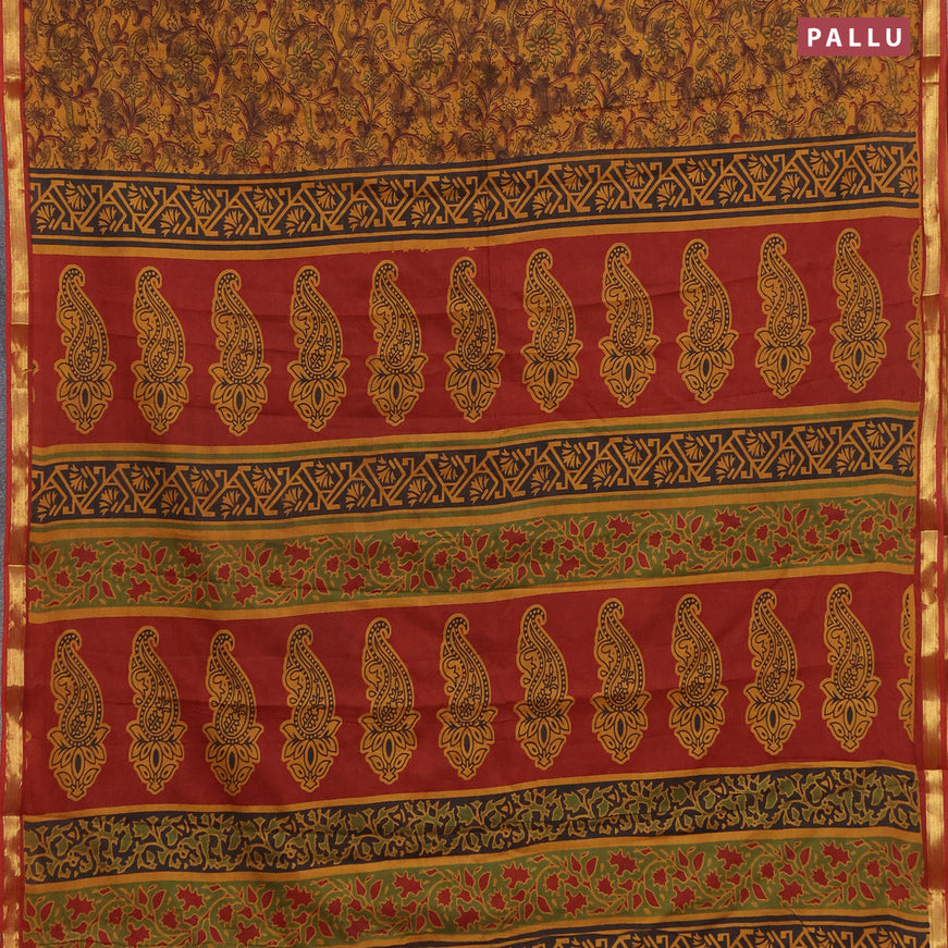 Muslin cotton saree dark mustard and maroon with allover floral prints and small zari woven border