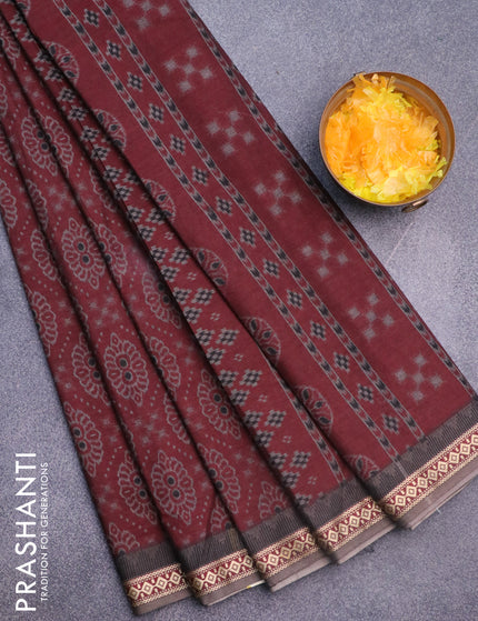 Muslin cotton saree maroon and grey with allover ikkat prints and thread woven border