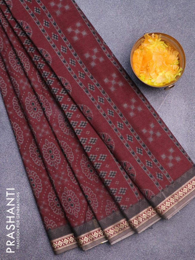 Muslin cotton saree maroon and grey with allover ikkat prints and thread woven border