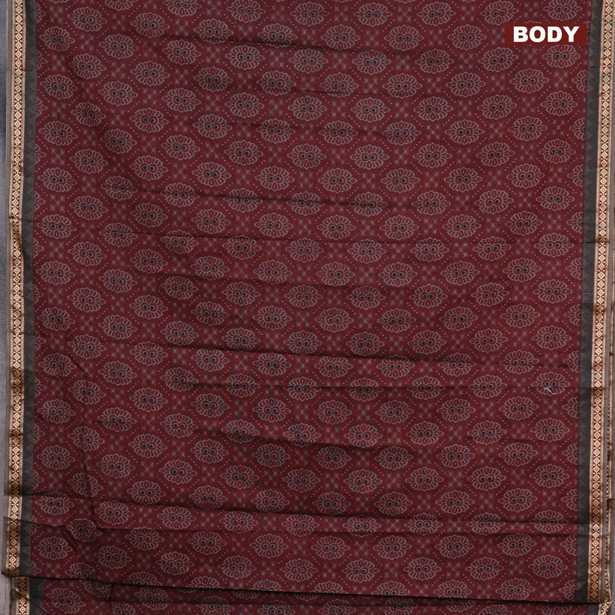 Muslin cotton saree maroon and grey with allover ikkat prints and thread woven border