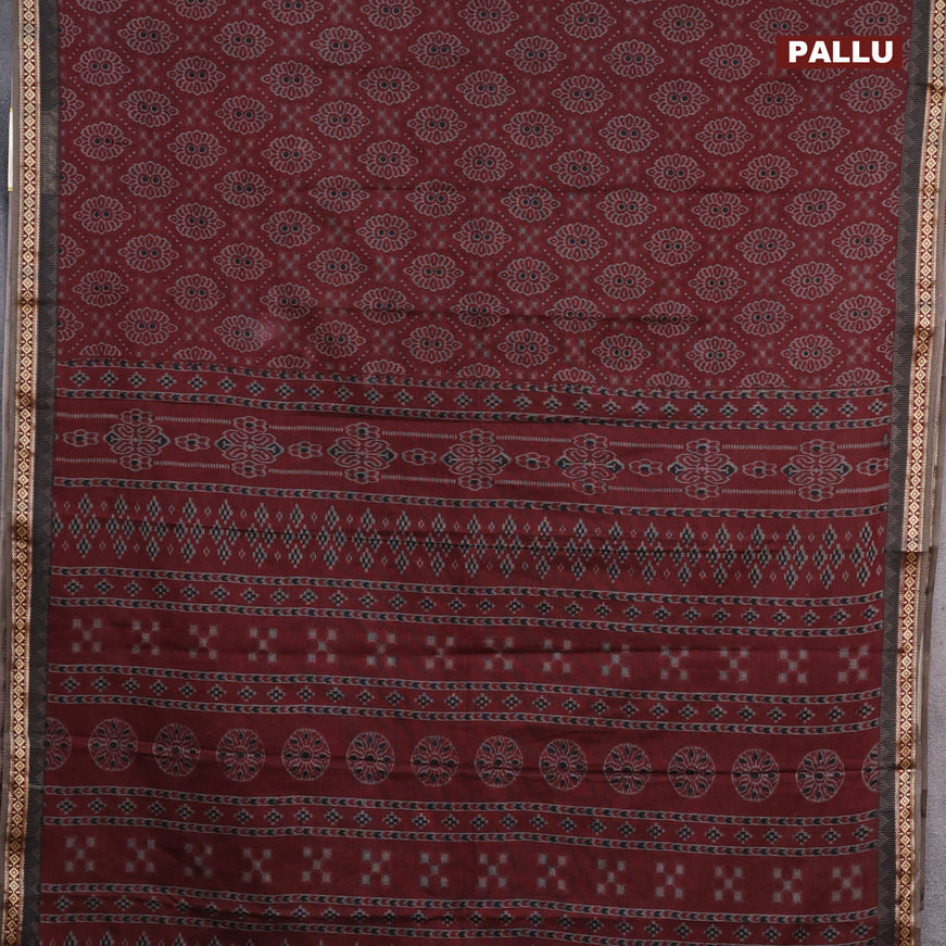 Muslin cotton saree maroon and grey with allover ikkat prints and thread woven border