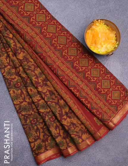 Muslin cotton saree dark mustard and maroon with allover floral prints and small zari woven border