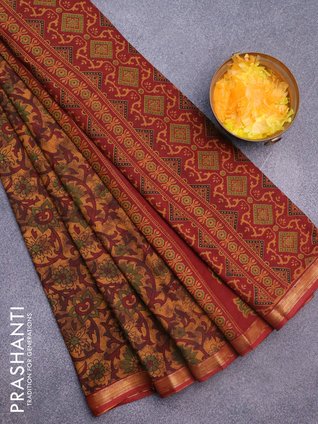 Muslin cotton saree dark mustard and maroon with allover floral prints and small zari woven border