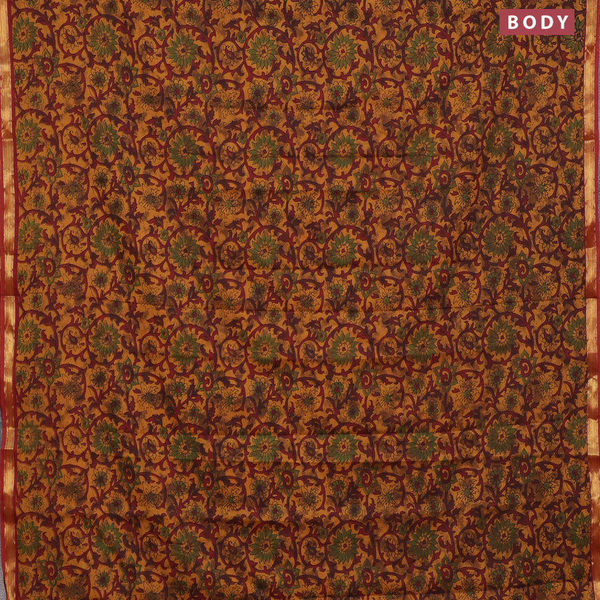 Muslin cotton saree dark mustard and maroon with allover floral prints and small zari woven border