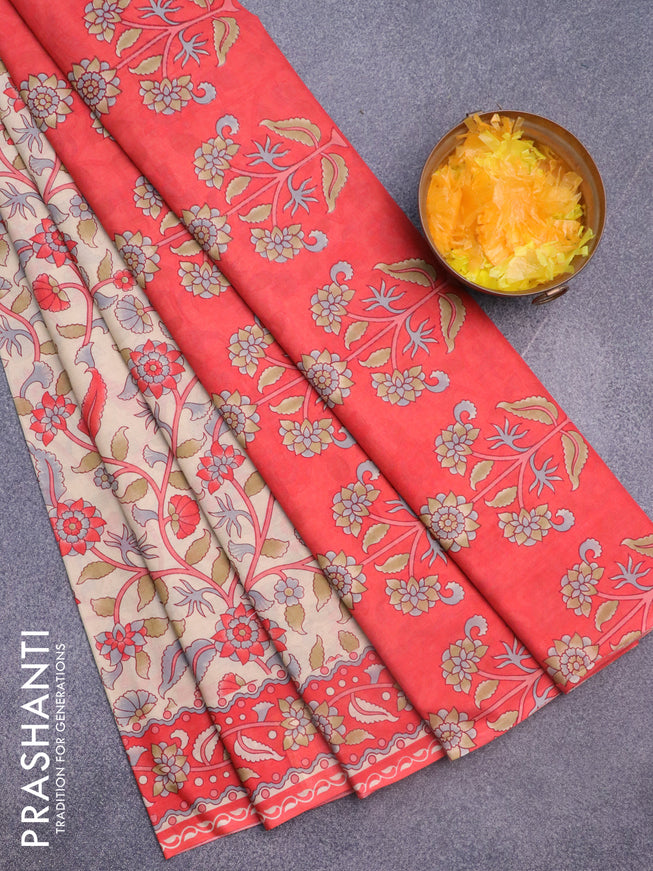 Muslin cotton saree cream and peach shade with allover floral prints and printed border