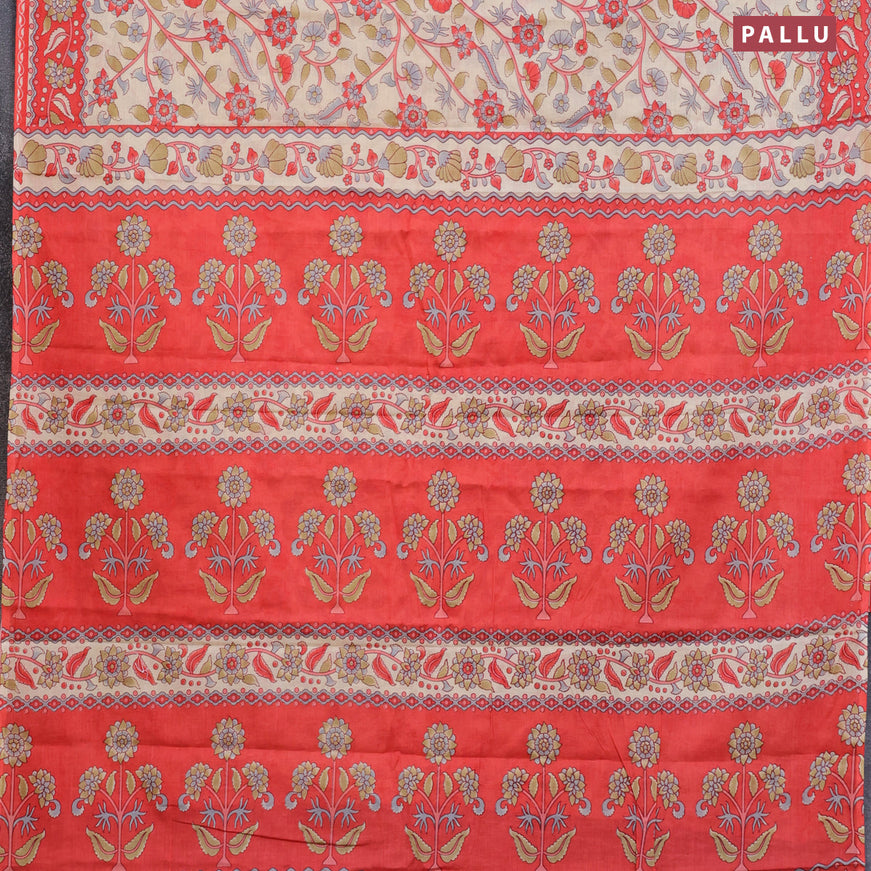 Muslin cotton saree cream and peach shade with allover floral prints and printed border