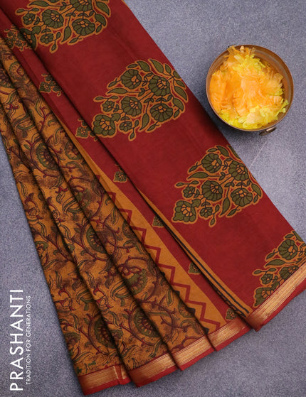 Muslin cotton saree dark mustard and maroon with allover prints and small zari woven border