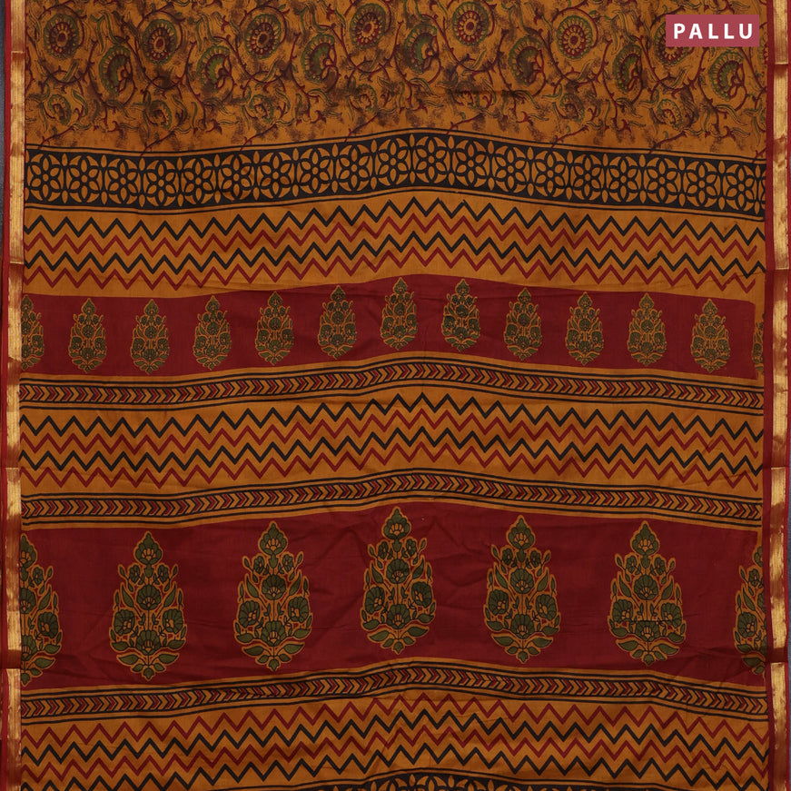 Muslin cotton saree dark mustard and maroon with allover prints and small zari woven border