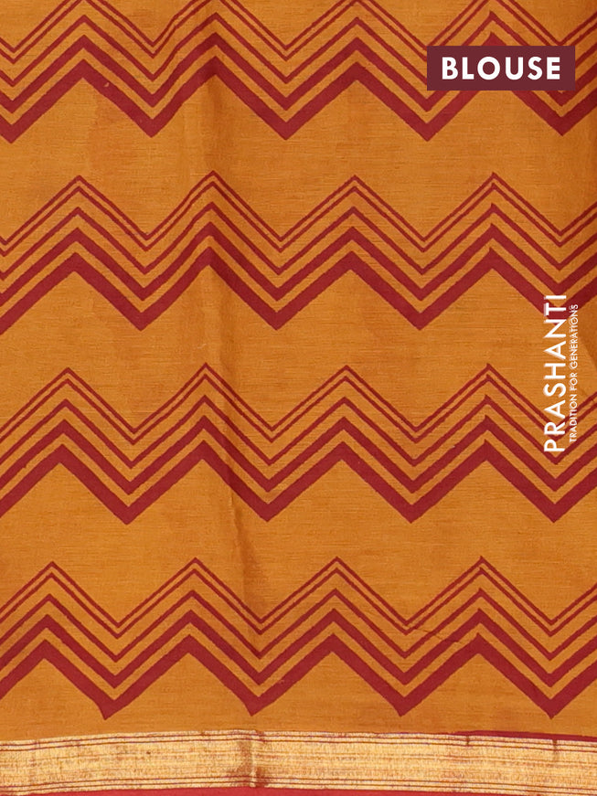 Muslin cotton saree dark mustard and maroon with allover prints and small zari woven border