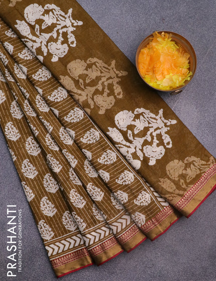 Muslin cotton saree mehendi green and maroon with allover butta prints and thread woven border