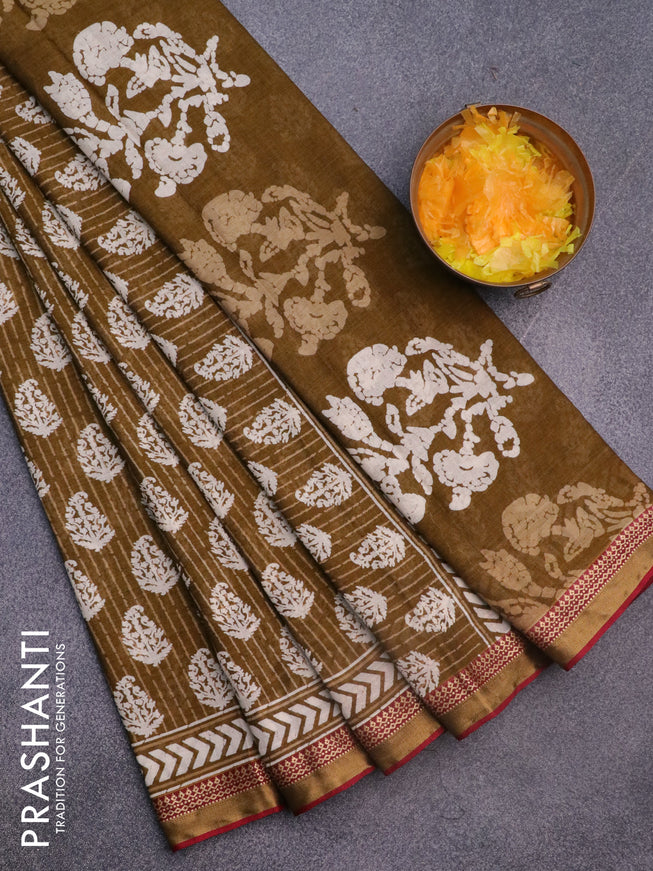 Muslin cotton saree mehendi green and maroon with allover butta prints and thread woven border