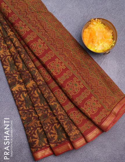 Muslin cotton saree dark mustard and maroon with allover floral prints and small zari woven border