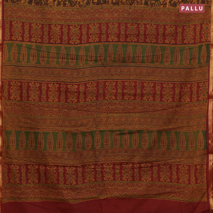 Muslin cotton saree dark mustard and maroon with allover floral prints and small zari woven border